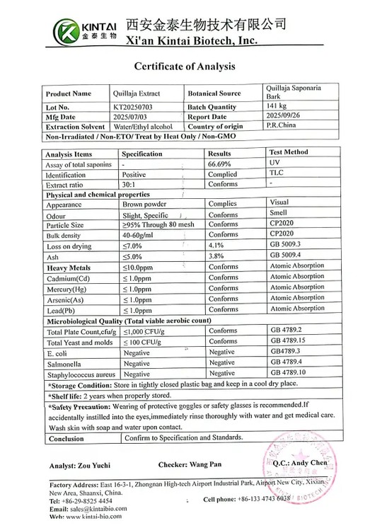 Quillaja Saponaria Soap Bark Extract COA Quillaja Saponaria Soap Bark Extract COA